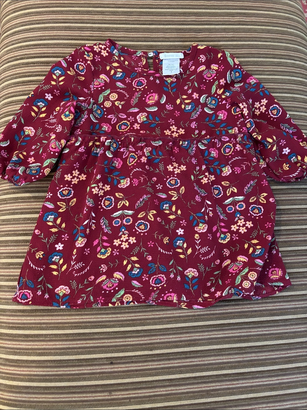 Girls Burgundy Floral Long Sleeve Casual Dress